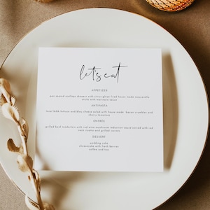 Minimalistyczny kwadratowy szablon menu, nowoczesne karty menu, menu weselne do druku, menu z kartą miejsc z tyłu, menu z imieniem gościa minimalistyczne - ADELLA