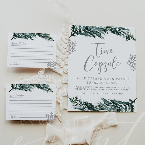 RORY Time Capsule Template, Time Capsule First Birthday, Time Capsule Baby Shower, Time Capsule Cards, Neutral Winter OnderLand Snow Pine