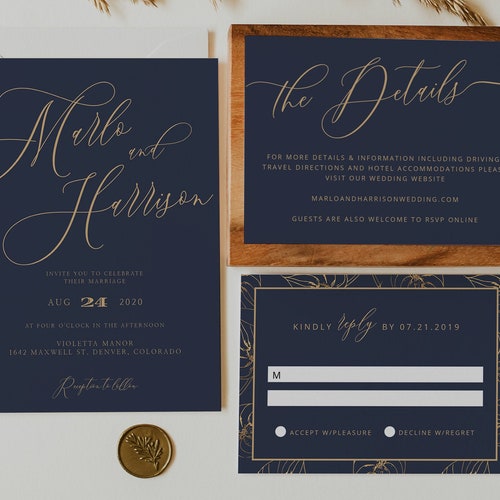 Burgundy and Navy Blue Wedding Invitation Template Suite - Etsy
