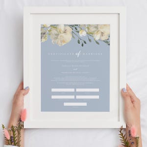 Certificado de matrimonio para boda en azul polvoriento, certificado de matrimonio en azul pizarra imprimible, certificado de matrimonio de recuerdo instantáneo - FAYE