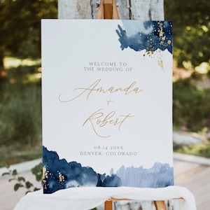 Navy Blue Watercolor Wedding Welcome Sign Template, Blue and Gold Wedding Welcome Poster Printable, Blue Watercolor Splash Romantic - STELLA