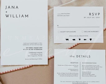 Minimalist Wedding Invitation Set, Basic Wedding Invitation Suite, Modern Wedding Invitation Kit, Printable Wedding Invite Instant - KENNEDY