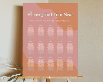 70's Wedding Seating Chart Template, Hippie Wedding Seating Poster, Retro Wedding Seating Sign, Eclectic Bohemian Blush Orange Boho TRIXIE