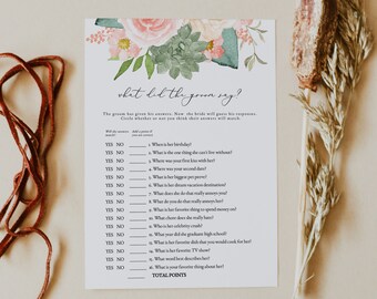 FINLEY | What Did The Groom Say Bridal Shower Game Template, Succulent Bridal Shower Games Instant Download, Blush Bridal Shower Peach DIY