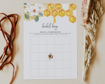 Bingo imprimible para despedida de soltera ROMY Bee, juegos de despedida de soltera Honeycomb, descarga instantánea de bingo nupcial, juegos de despedida de soltera rústicos y campestres