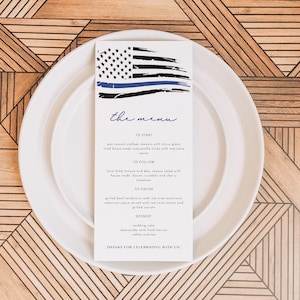 Police Thin Blue Line Menu Template, Thin Blue Line Flag Menu, Police Retirement Menu Cards, Police Graduation Long Menu Printable Instant