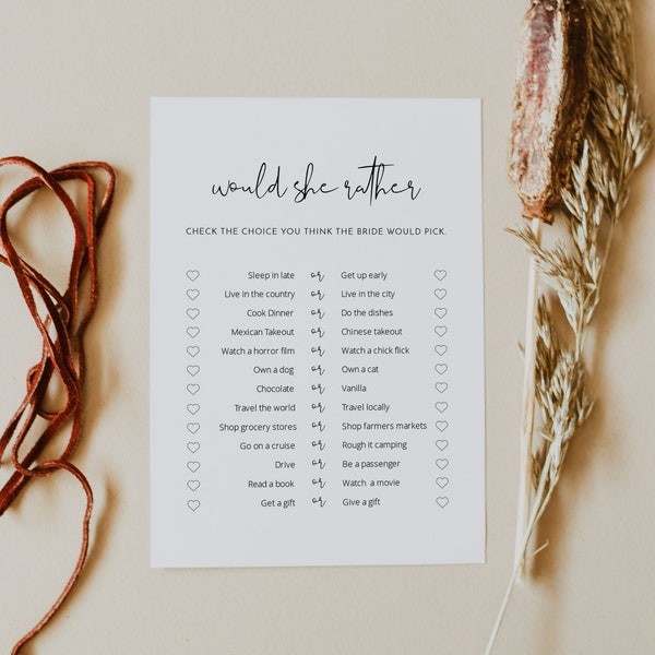 ADELLA Minimalist Would She Rather Bridal Shower Game Template, Bridal Shower Games Instant Download, Shower Games Printable, Modern