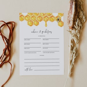 Tarjeta de predicciones y consejos para baby shower de ROMY, baby shower de abejorro, tarjeta de predicciones para bebés con forma de panal de abeja, consejos para nuevos padres: tarjeta de predicciones para bebés con forma de panal de abeja