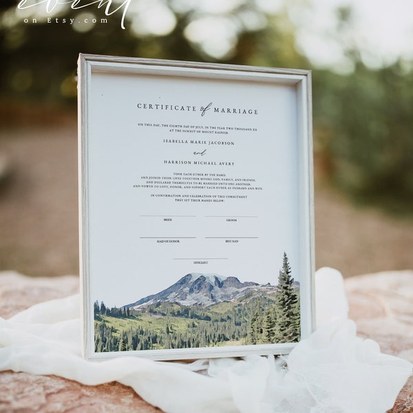 MOUNT RAINIER Marriage Certificate, Wedding Certificate, Handfast Certificate, Mountain Wedding Keepsake, Mountain Watercolor Newlywed Gifts