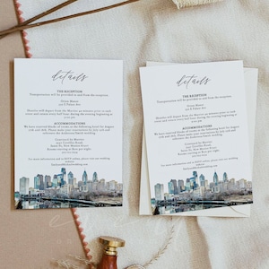 PHILADELPHIA Details Card Template, Philly Skyline Watercolor Wedding Details Printable, Philadelphia Destination Wedding Invitation Insert