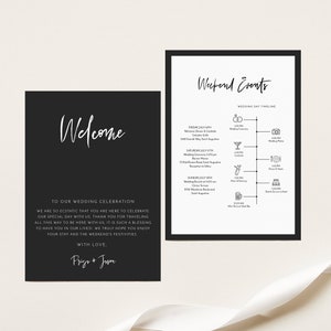 Plantilla de carta de bienvenida y itinerario de boda contemporánea PRIYA, tarjeta de bienvenida de boda negra, cronograma de boda moderno, bienvenida de boda