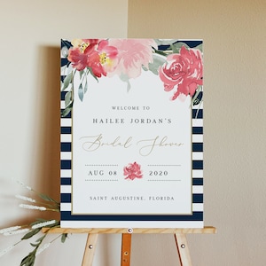 HAILEE | Bridal Shower Welcome, Welcome Sign Template, Pink Floral Bridal Shower, Navy Stripes and Gold Bridal Shower Welcome Printable DIY