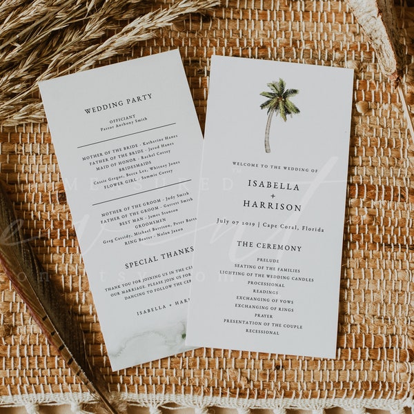 MONA Tropical Wedding Program Template, Palm Tree Wedding Program Printable, Modern Minimalist Beach Order of Service Timeline Instant DIY