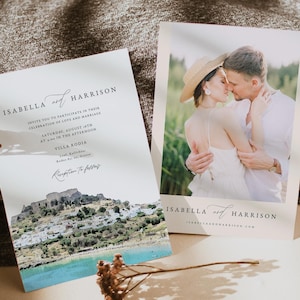 Plantilla de invitación de boda de RODAS, invitación de boda en Grecia, invitación de boda con foto de Rodas en acuarela, juego de invitación de boda griega instantánea