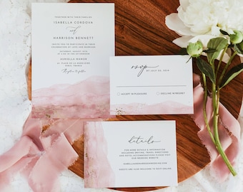 JULIEN Blush Watercolor Wedding Invitation Template Suite, Watercolor Wedding Invite, Wedding Invitation,  Dusty Pink Wedding Invitation Set