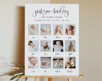 Baby's First Year Photo Poster, Modern First Birthday Photo Sign Template, Minimalist 1st Birthday Photo Banner, Gender-Neutral Sign JOLIE