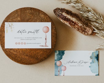 event planner business cards STELLA Balloon Business Card Template, Party Themed Business Cards, Whimsical Blush Balloon Business Card Printable, Navy and Gold Blush DIY
