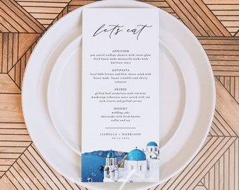 SANTORINI Wedding Menu Template, Watercolor Santorini Skyline Wedding Menu Cards, Greek Destination Wedding Menu Printable Travel Themed DIY