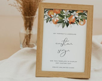 Aangepaste bordsjabloon van 5 x 7 inch, oranje bewerkbare bordsjablonen, Cutie Baby Shower-borden, afdrukbare tafelborden, citrusdouche DIY CALLIOPE
