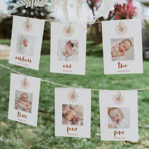 TINLEY First Birthday Photo Banner, 1st Birthday Photo Banner, Bohemian Sun Monthly Milestone Photo Cards, Neutral 1st Trip Around the Sun