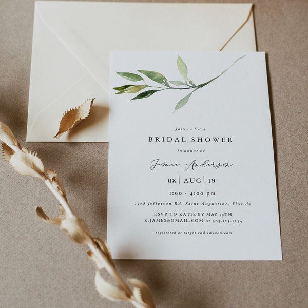 ISABELLA Greenery Bridal Shower Invitation Template, Bohemian Bridal Shower Invite Printable, Minimalist Bridal Shower Evite Instant DIY