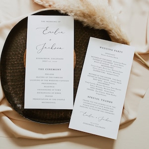 Modelo de programa de casamento minimalista EVELYN, programa de casamento com roteiro moderno, cartão de festa de casamento elegante com ordem de serviço