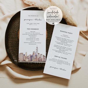 Modèle de programme de mariage aquarelle à New York, programme de mariage Manhattan téléchargement immédiat, programme de mariage à New York ordre de service jour chronologie
