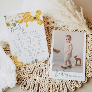 Carte d'étape importante pour bébé ROMY, premier anniversaire à imprimer, bourdon 1er anniversaire, année des premiers, carte d'anniversaire interurbaine abeille