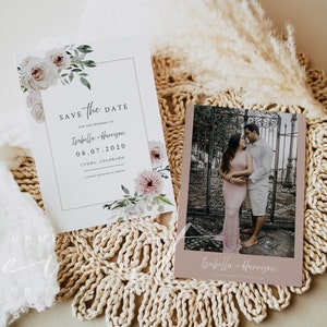 ROBYN Dusty Rose Save the Date-sjabloon, Blush Save the Date-kaarten, roze bloemen Save the Date, paarse bloemen Save the Date, foto-uitnodiging