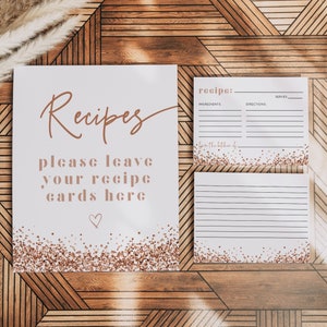 REGINA Recipe Card Template, Printable Recipe Cards, Bridal Shower Recipe Card, Rose Gold Glitter Recipe Cards, Blush Recipe Card with Sign