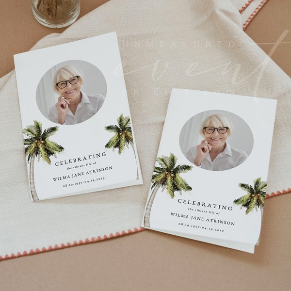 MONA Funeral Program Template, Palm Tree Funeral Program Template for Men or Women, Foldable Funeral Program Memorial Service Tropical DIY