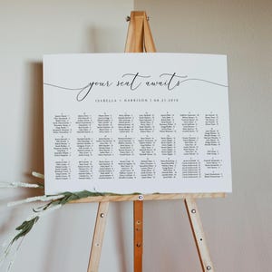 Alfabetische zitplaatsen grafieksjabloon, horizontale zitplaatsen grafiek, kalligrafie zitplaatsen grafiek, minimalistische zitplaatsen poster, bruiloft zitplaatsen ASHER
