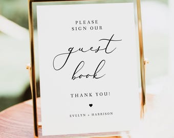 Minimalist Guest Book Sign Printable, Elegant Sign Our Guestbook Sign, Modern Script Wedding Guest Book Table Sign - EVELYN