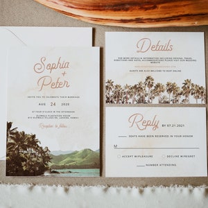 Vintage Hawaii Wedding Invitation Template Suite, Hawaii Skyline Wedding Invitation Set Printable, Beach Themed Wedding Evite Island - NANI