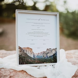 YOSEMITE Heiratsurkunde, Hochzeitsurkunde, Handfastenurkunde, Hochzeitsandenken in den Bergen, Yosemite Nationalpark Aquarell DIY