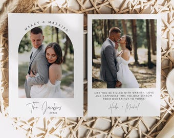 HARLOW Minimalist Christmas Card Template, Merry and Married Photo Christmas Card Template, Boho Christmas Card, Holiday Cards Printable