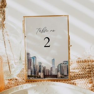 CHICAGO Table Number Template, Watercolor Chicago Skyline Wedding Table Number Cards, Illinois Destination Wedding Table Number Sign DIY