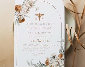 BOHEME Boho Terracotta Floral Nurse Ukończenie Szkoły Zaproszenie Szablon Boho Arch Photo Invite Wierzyła, że Może, Więc Zrobiła