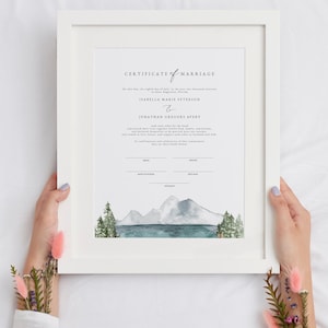 Berg Heiratsurkunde Vorlage, Bergsee Hochzeitsurkunde, Moderne Boho Handfasting Urkunde, bearbeitbares Templett - KLEEBLATT
