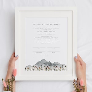 Heiratsurkunde, Hochzeitsurkunde, Handfasting-Urkunde, Berghochzeit-Andenken, Wildblumen-Heiratsurkunde - HEIDI