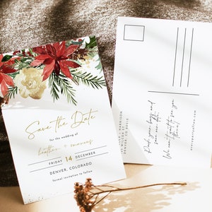 Save the Date Vorlage, Winterhochzeit Save the Date Postkarte, Weihnachtsstern Save the Date Cards, Rotes Blumen-Weihnachtsthema Hochzeit DIY - JOY
