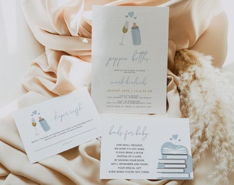 ANDI Baby Shower Invitation Template, Dusty Blue Poppin Bottles Baby Shower Invite Suite, Boy Baby Shower Evite Champagne and Milk Bottle