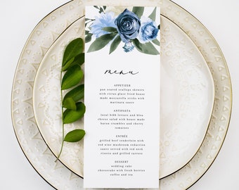 MILENA Blue Floral Wedding Menu Template, Cobalt Table Menu for Wedding, 4x8 & 5x7 Wedding Menu, Winter Wedding Menu Instant Download