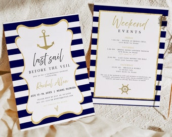 KRISTA Nautical Bachelorette Party Invitation & Itinerary Template, Navy Bachelorette Invite, Last Sail Before The Veil, Let's Get Nauti
