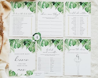Bridal Shower Game Bundle Template, Tropical Bridal Shower Games, Printable Beach Palm Leaf Bridal Shower Game Kit Instant Download DIY CORA