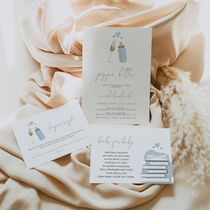 ANDI Baby Shower Invitation Template, Dusty Blue Poppin Bottles Baby Shower Invite Suite, Boy Baby Shower Evite Champagne and Milk Bottle
