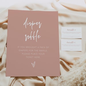 Boho Blush Pink Windel Lotterielos und Zeichen Vorlage Set Mädchen-Baby-Dusche Windel Raffle Spiel Printable MARLO