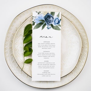 MILENA Modello di menu per matrimonio floreale blu, menu da tavolo color cobalto per matrimonio, menu per matrimonio 4x8 e 5x7, menu per matrimonio invernale download immediato