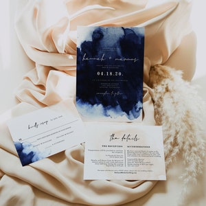 GISELLE Navy and Champagne Wedding Invitation Template Suite, Navy and Cream Watercolor Wedding Invites, Printable Wedding Set Instant DIY