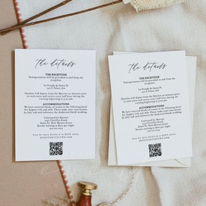 Plantilla de tarjeta adjunta MARAH, tarjeta imprimible con detalles de boda minimalista moderna, instrucciones de alojamiento sencillas, código QR, sitio web de bodas